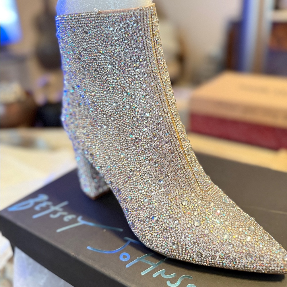 New in box. Only one boot tried on. Betsey Johnson Rhinestone Heeled Boots-AB
